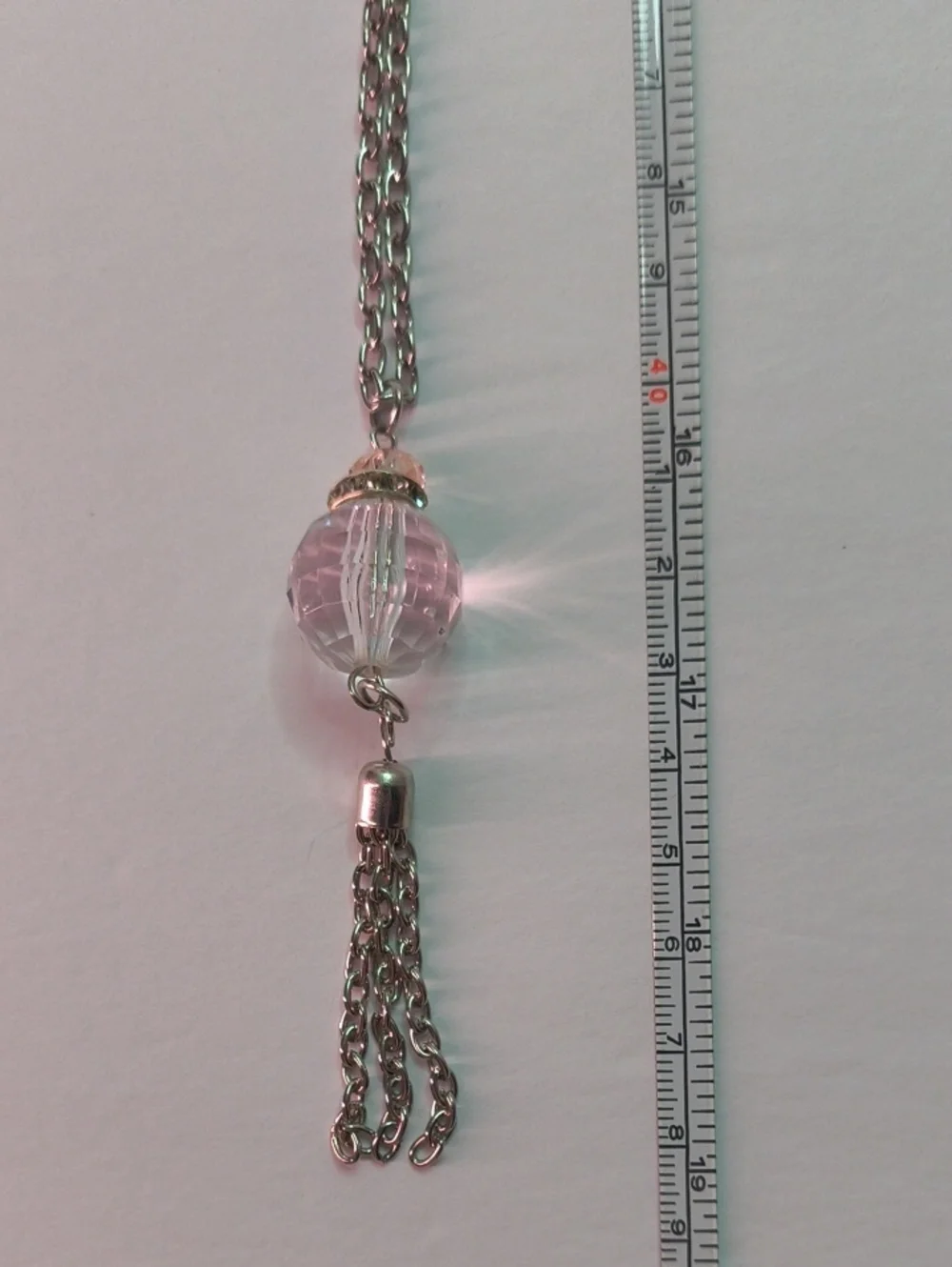 Delicate Silver-Tone Long Necklace with Pink & Clear Crystal Ball Tassel Pendant